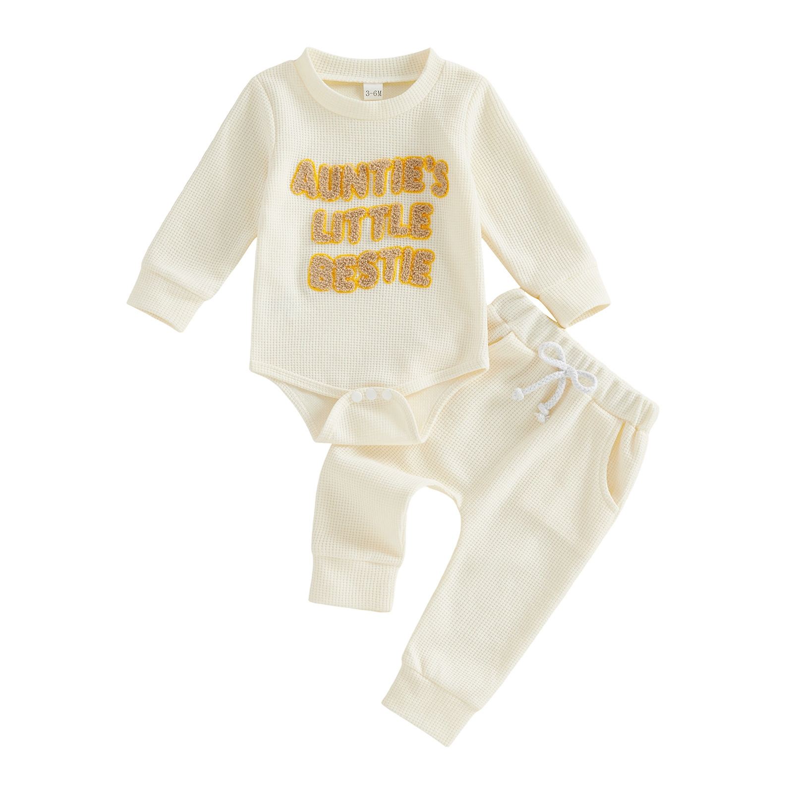 AUNTIE'S LITTLE BESTIE Baby Waffle Embroidery Bodysuit Pants Set