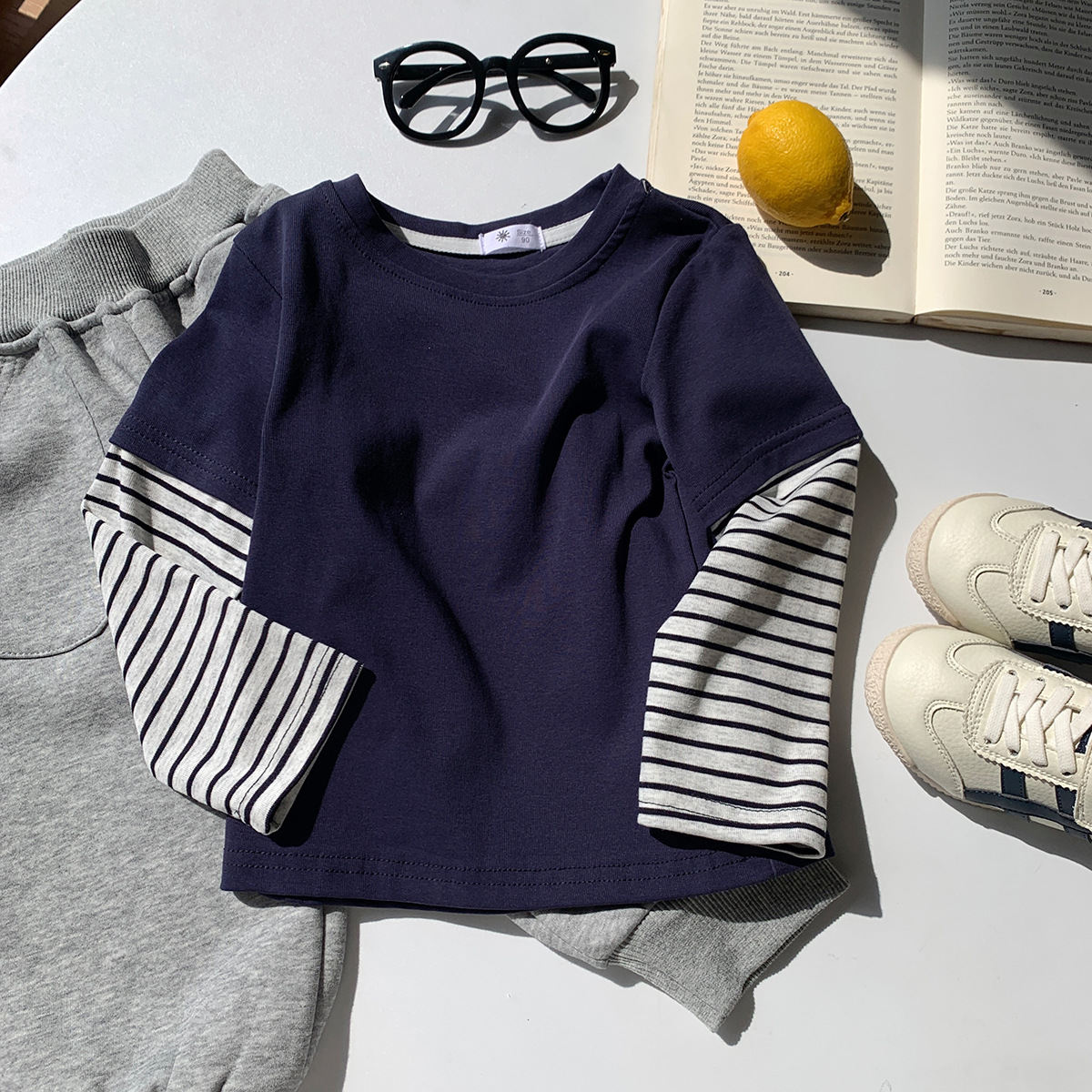 Kids Striped Sleeves Faux Two-Piece T-shirt