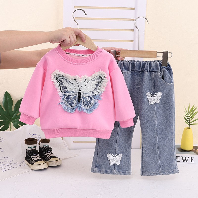 Kids Bow Sweatshirt and Denim Pants Set