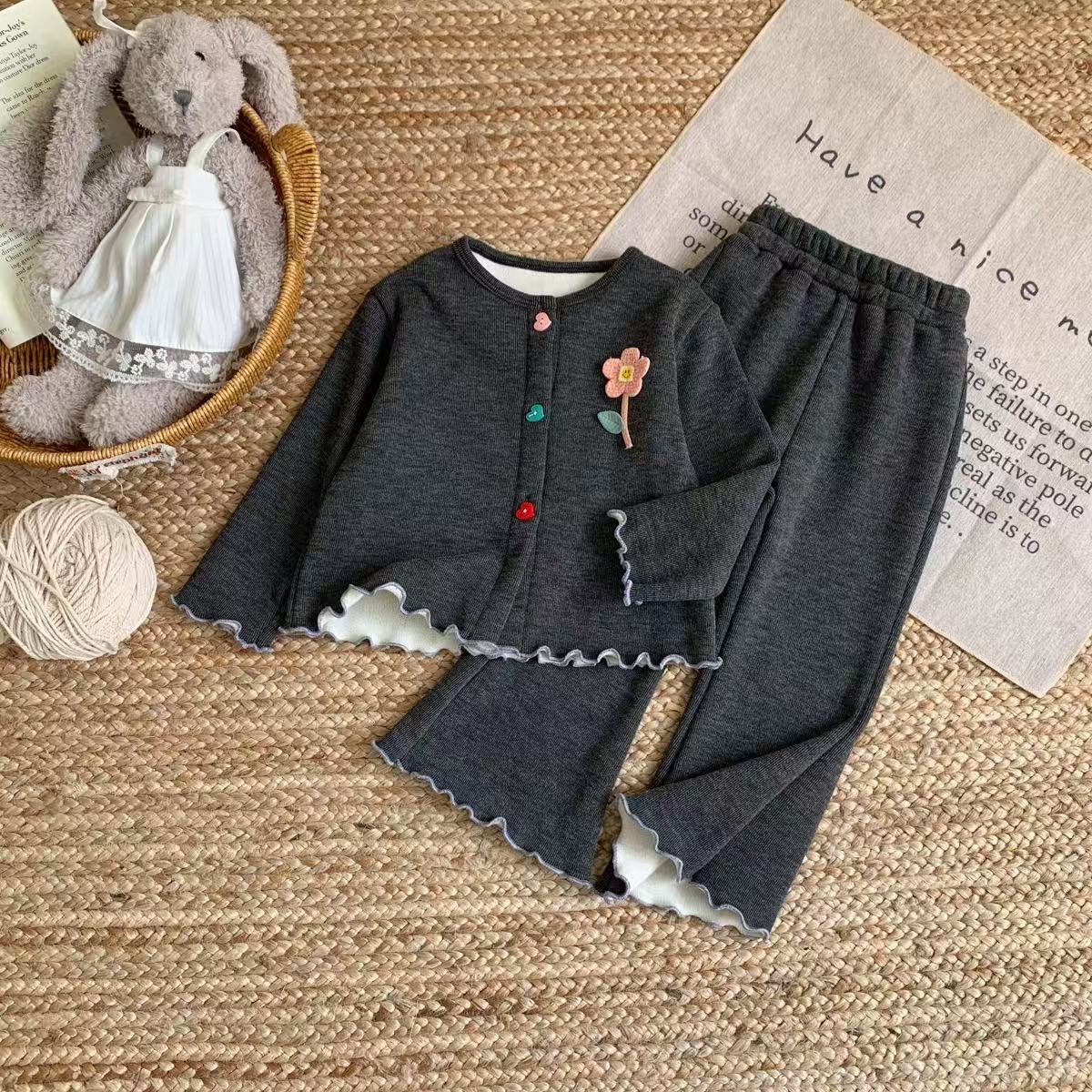 Kids Flower Ruffle Trim Sweater and Pants Set