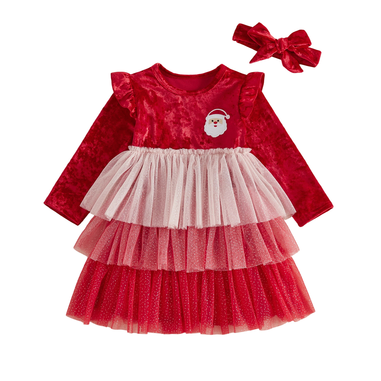 Toddler Christmas Heart Gradient Mesh Dress With Headband