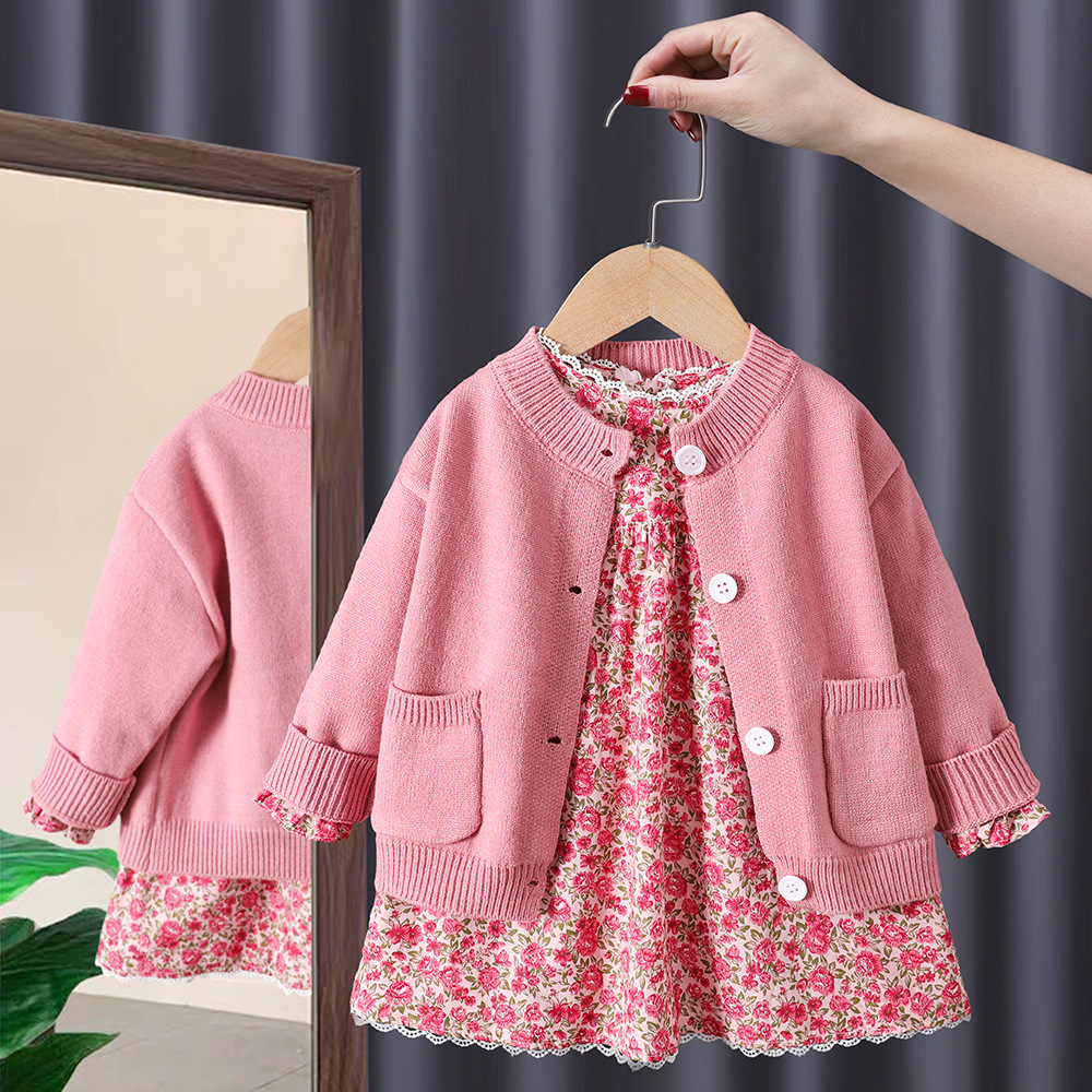 2-Piece Baby Kids' Girls' Cardigan & Floral Print Dress Set