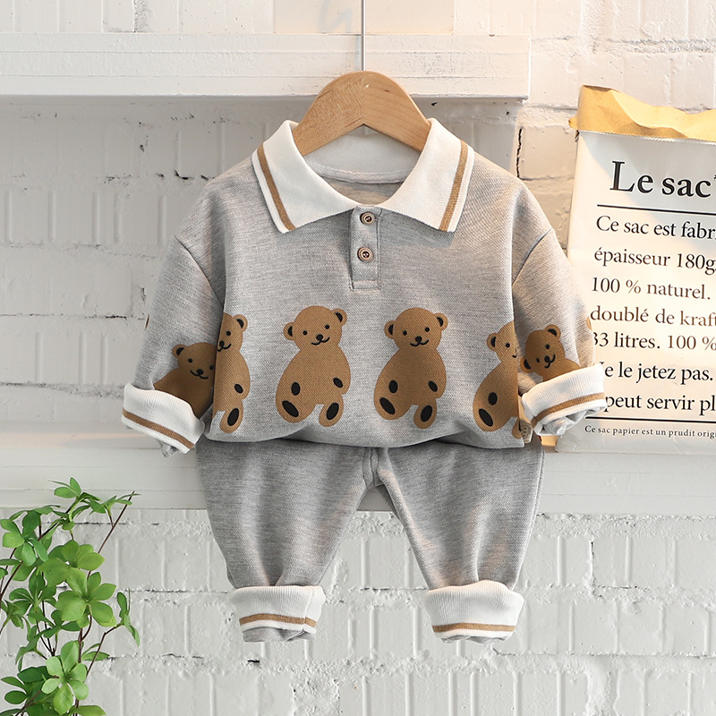 Kids Collared Cartoon Bear Sweatshirt 2-Piece Set