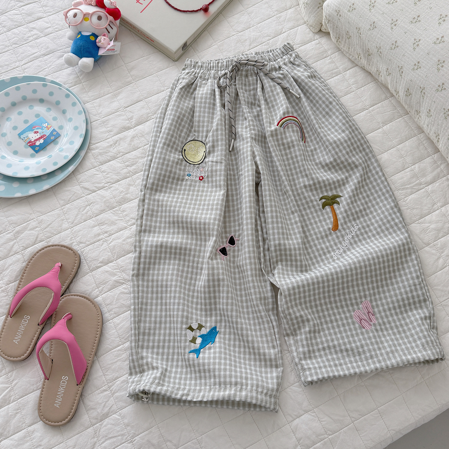 Kids Checkered Beach Style Embroidery Pattern Pants