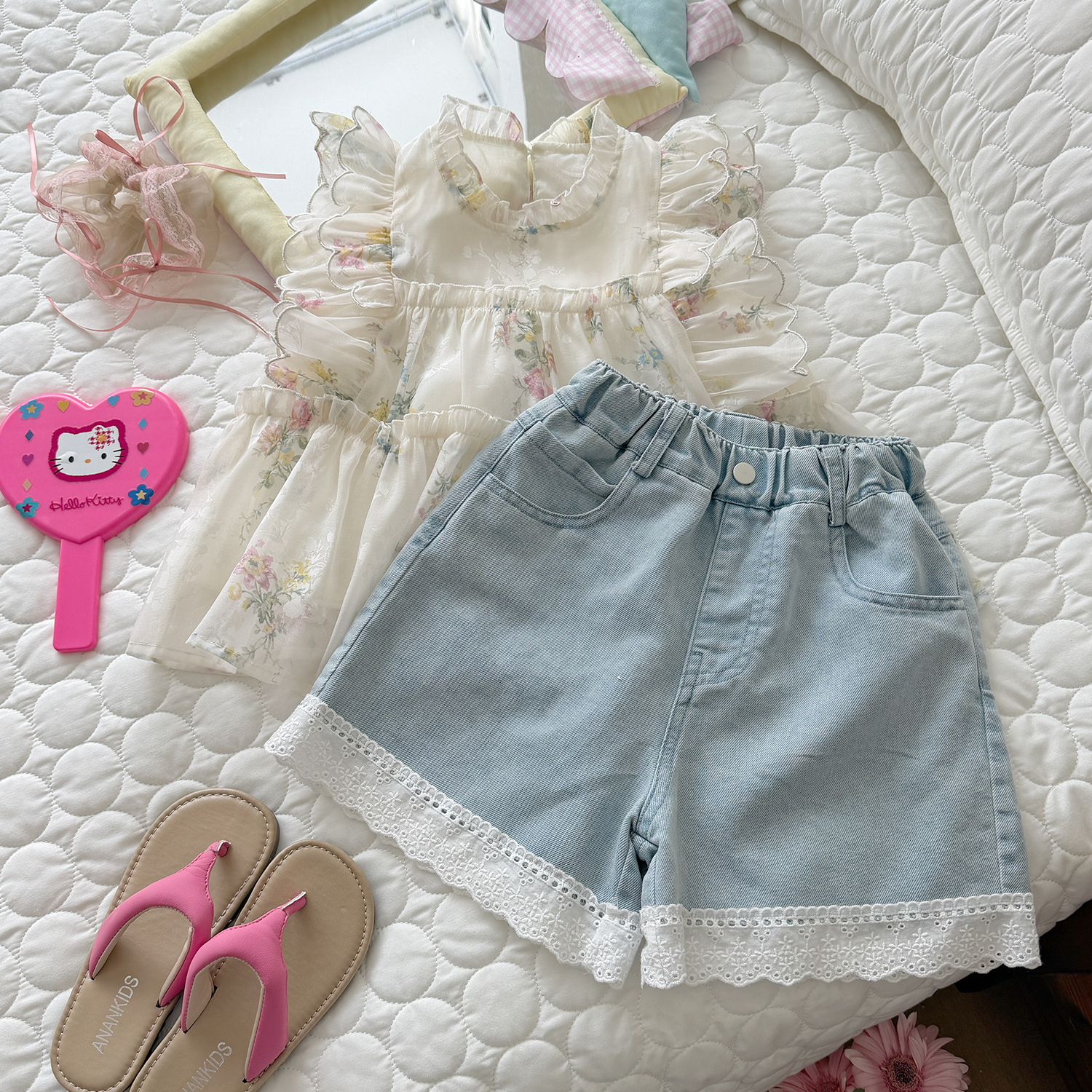 Kids Floral Lace Trim Top and Denim shorts Set