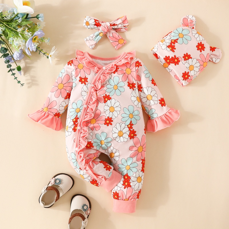 3- Piece Baby Newborn Flower Print Romper Set