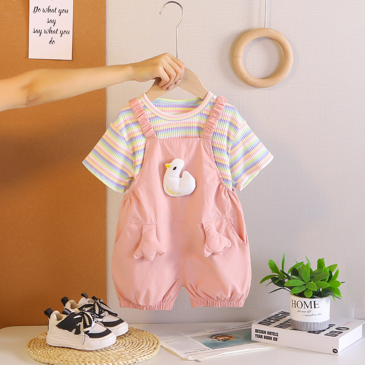 Toddler 2-Piece Duck Striped Overalls Set