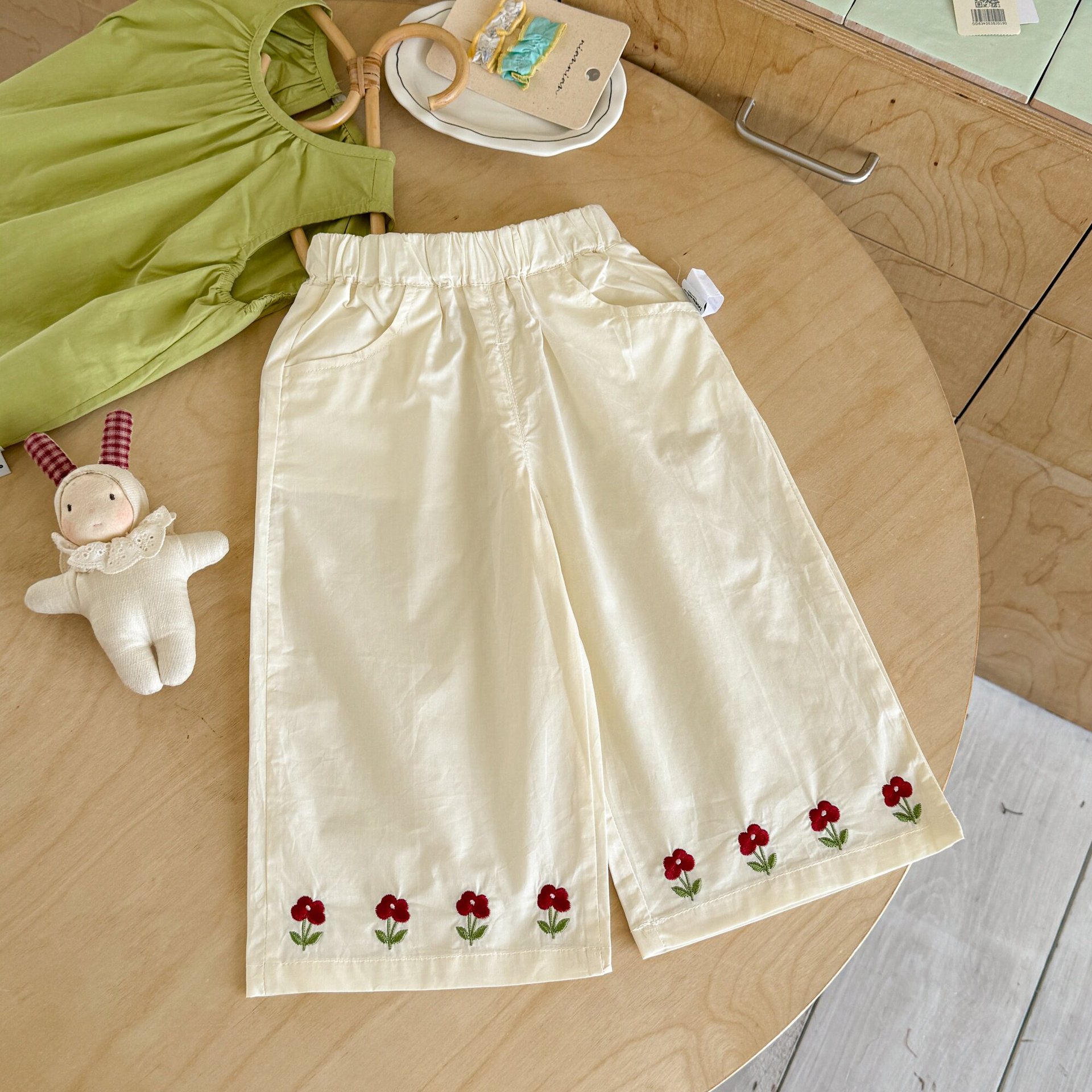 Kids Green Vest Top and Embroidered Flower Pants Set