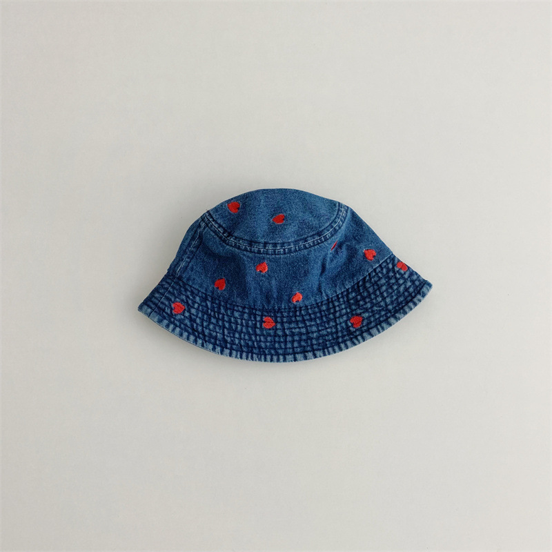 Baby Heart Embroidery Flat-Top Denim Bucket Hat