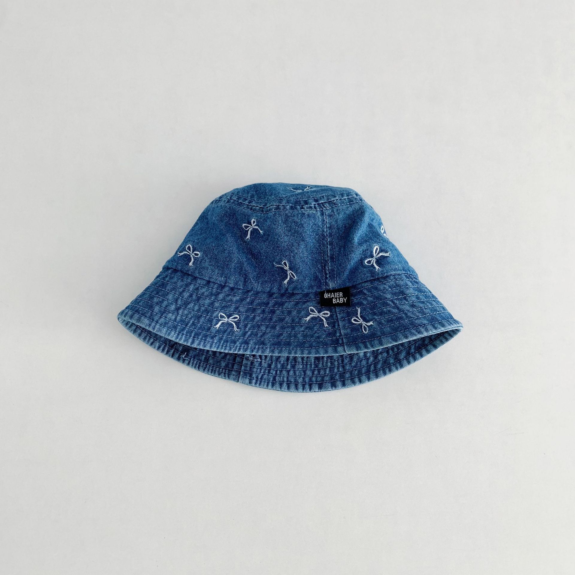 Baby Toddler Bow Embroidery Denim Flat Top Bucket Hat