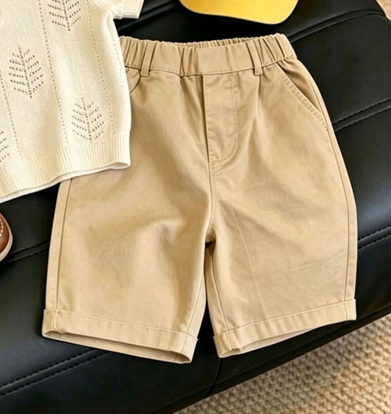 Kids Hollow out leaves polo collar Top and Khaki Pants Set