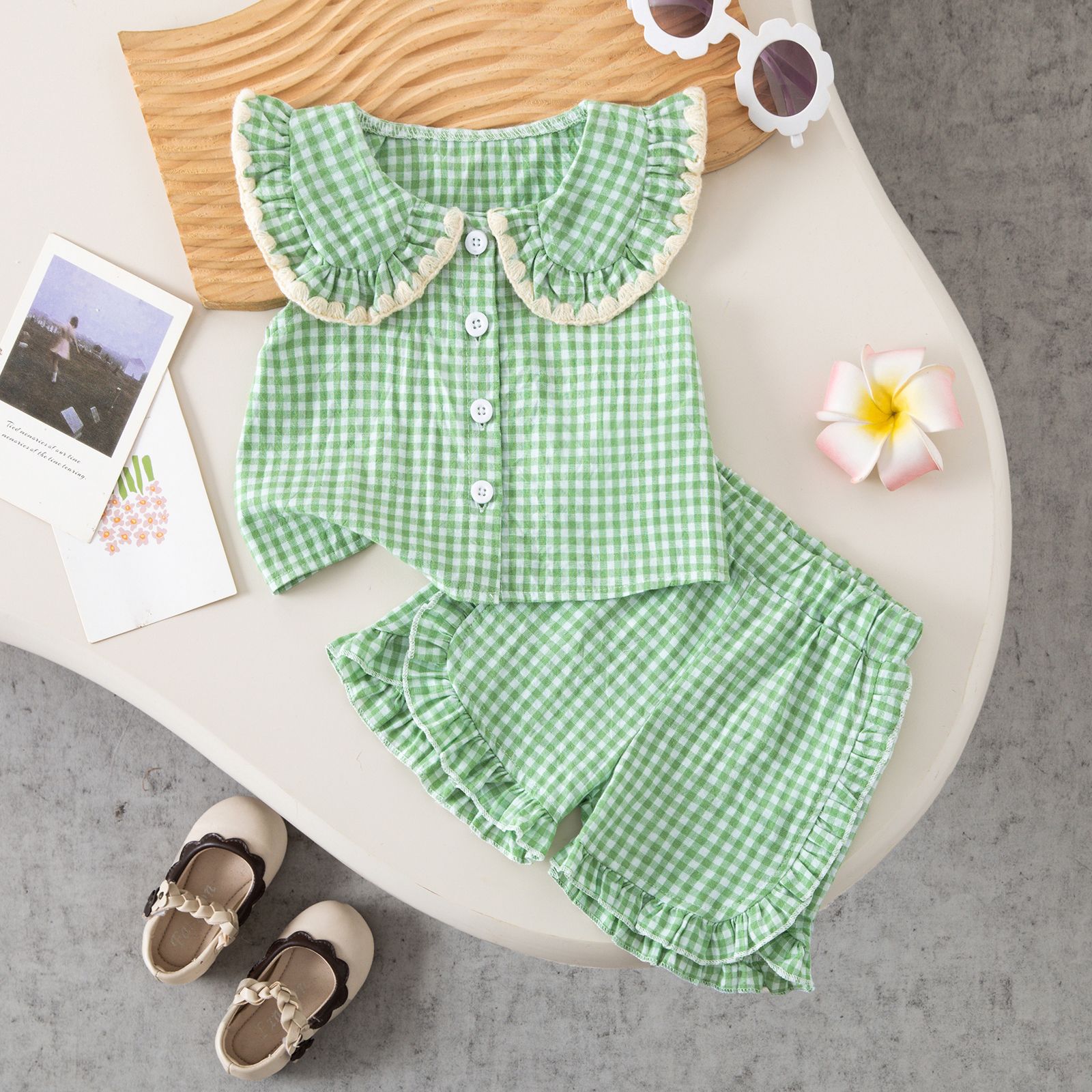 Baby Toddler Checkered Lace Lapel Top and Ruffles Short Pants Set