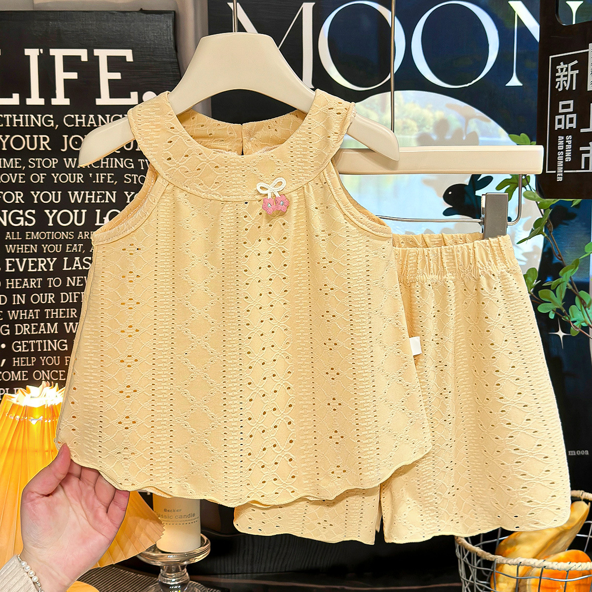 Kids Hollow Out Bow Vest Lace Top and Shorts Set