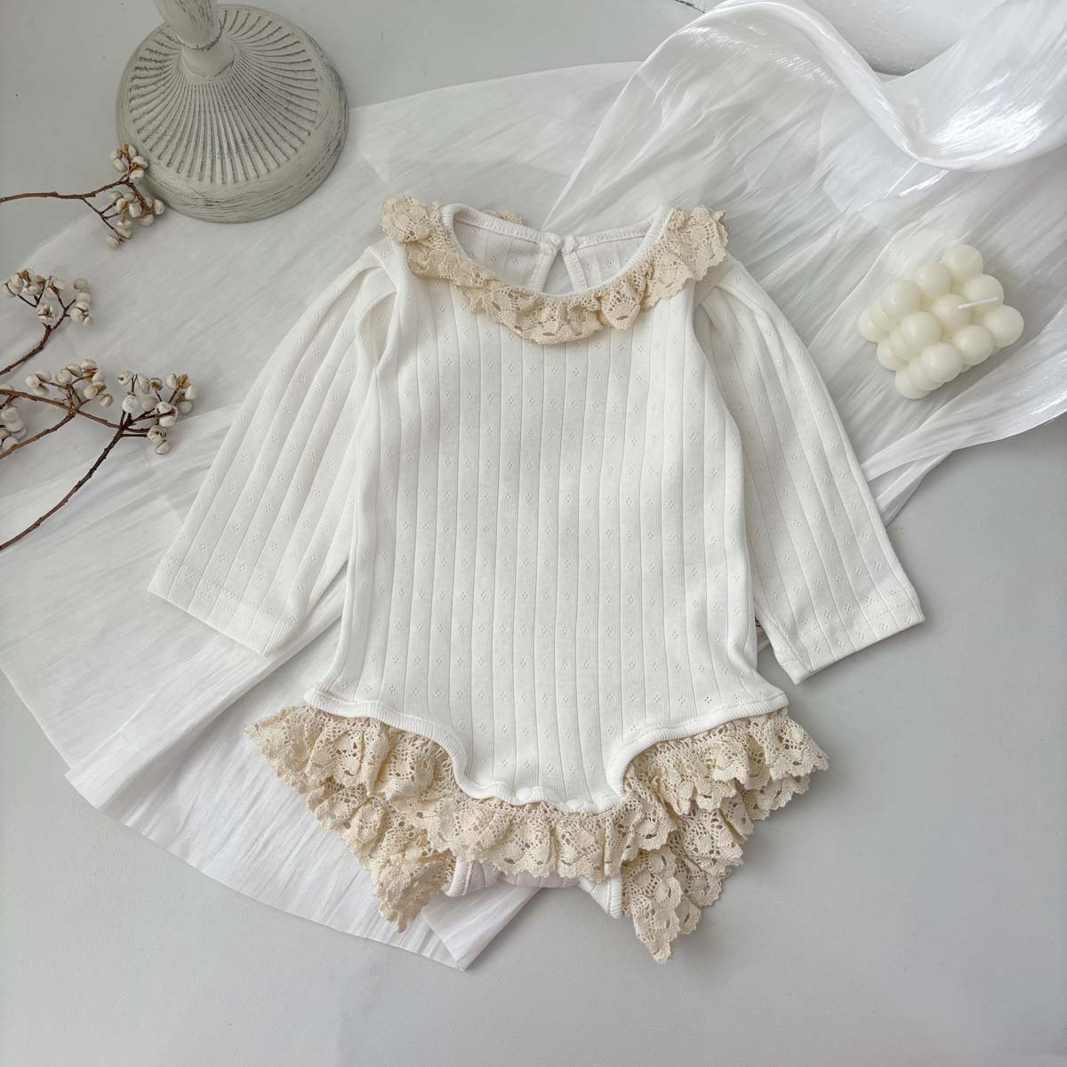 Baby Cut-Out Lace Round Neck Stripe Onesie