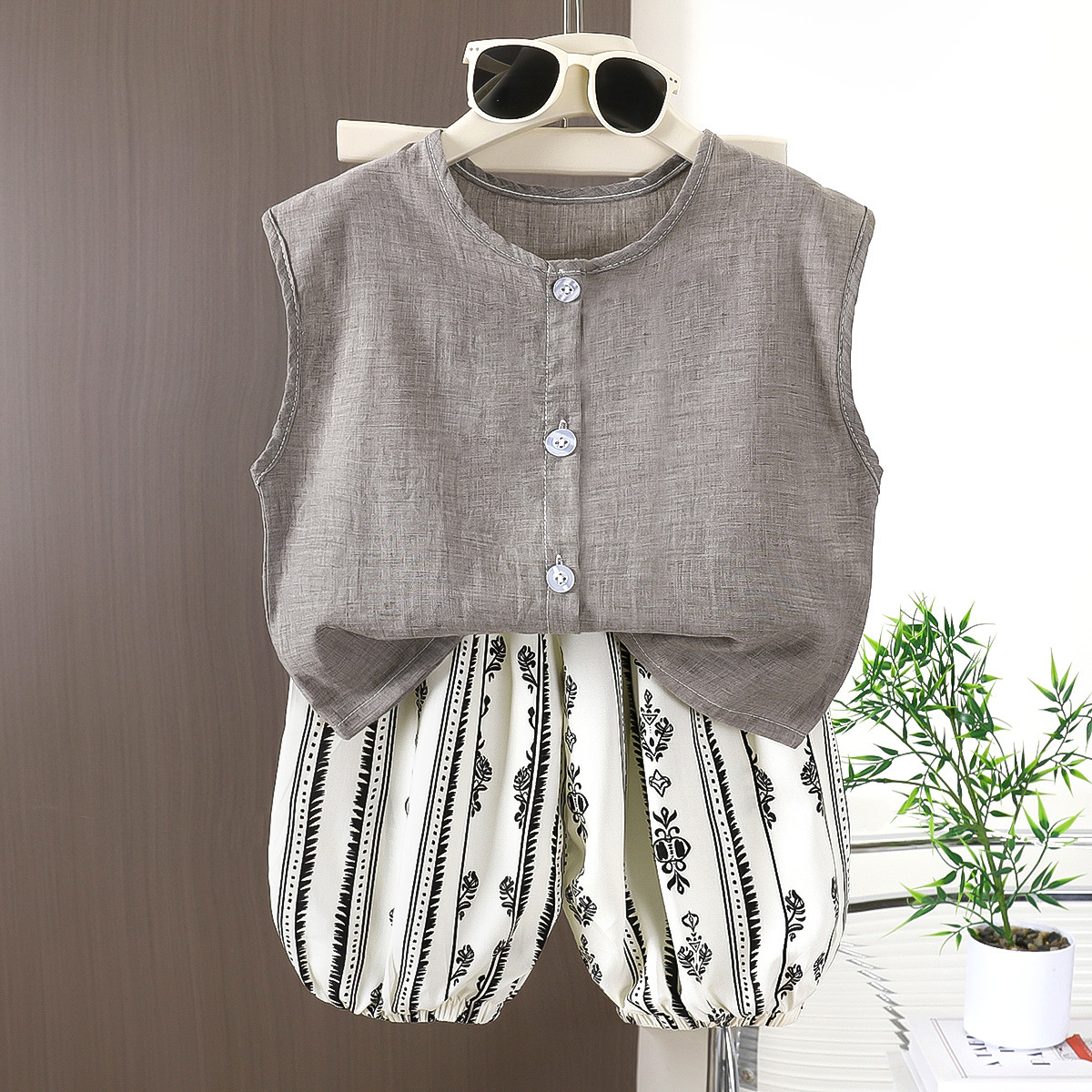 Kids Cotton Vest Top and Polka Dot and Floral Stripe Patterns Pants Set