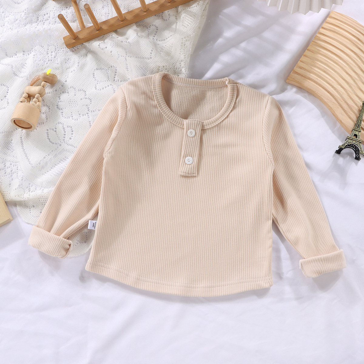 Kids Solid Color Ribbed Crew Neck Base Layer T-shirt
