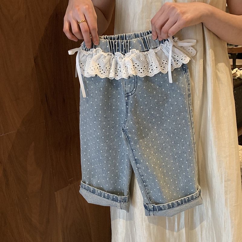 Kids Lace Polka Dots Cami Denim Top and Pants Set