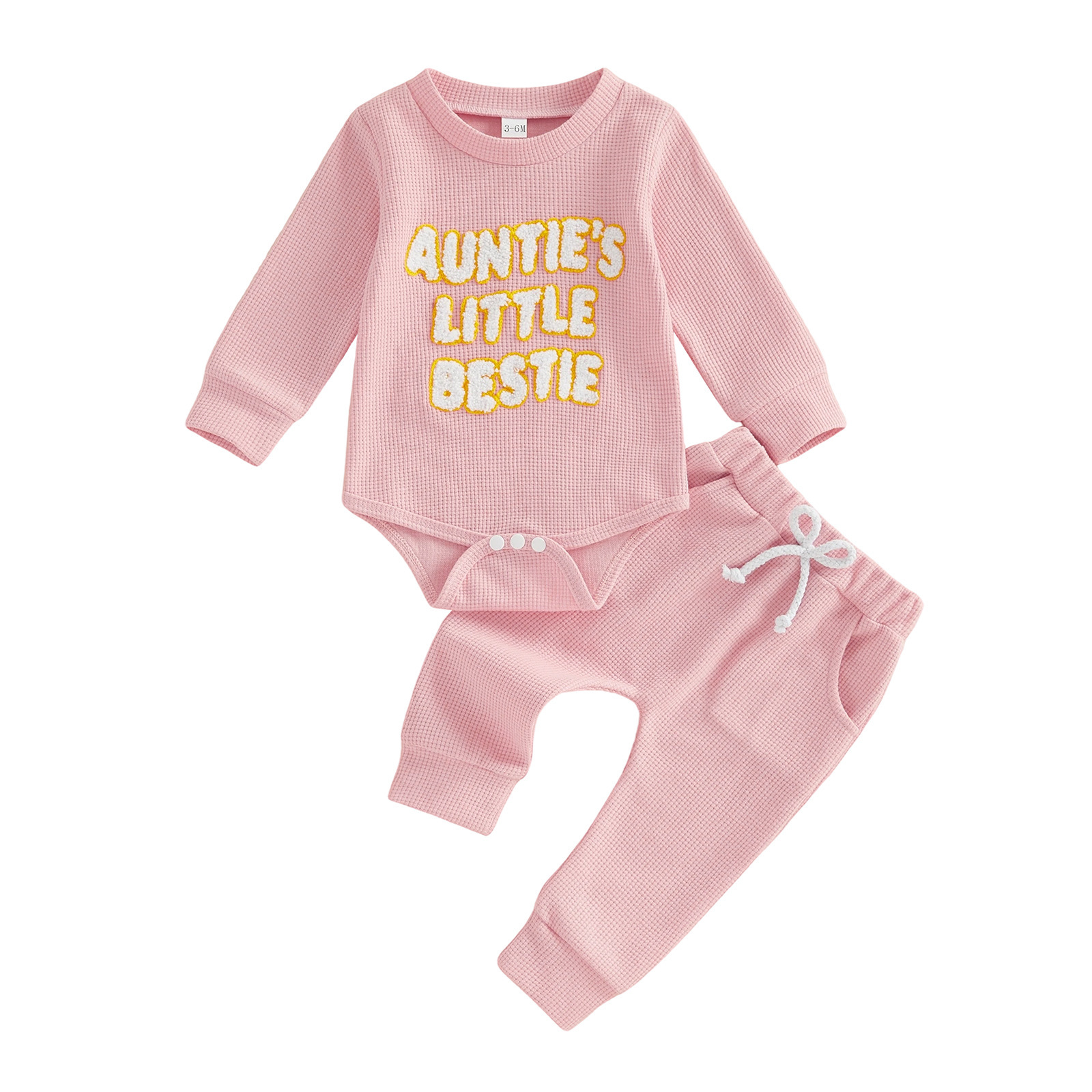 AUNTIE'S LITTLE BESTIE Baby Waffle Embroidery Bodysuit Pants Set