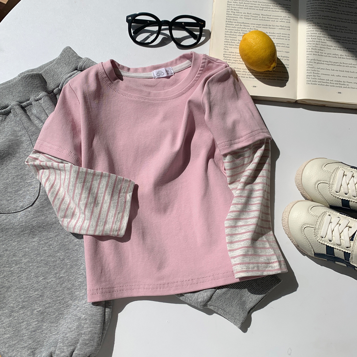 Kids Striped Sleeves Faux Two-Piece T-shirt