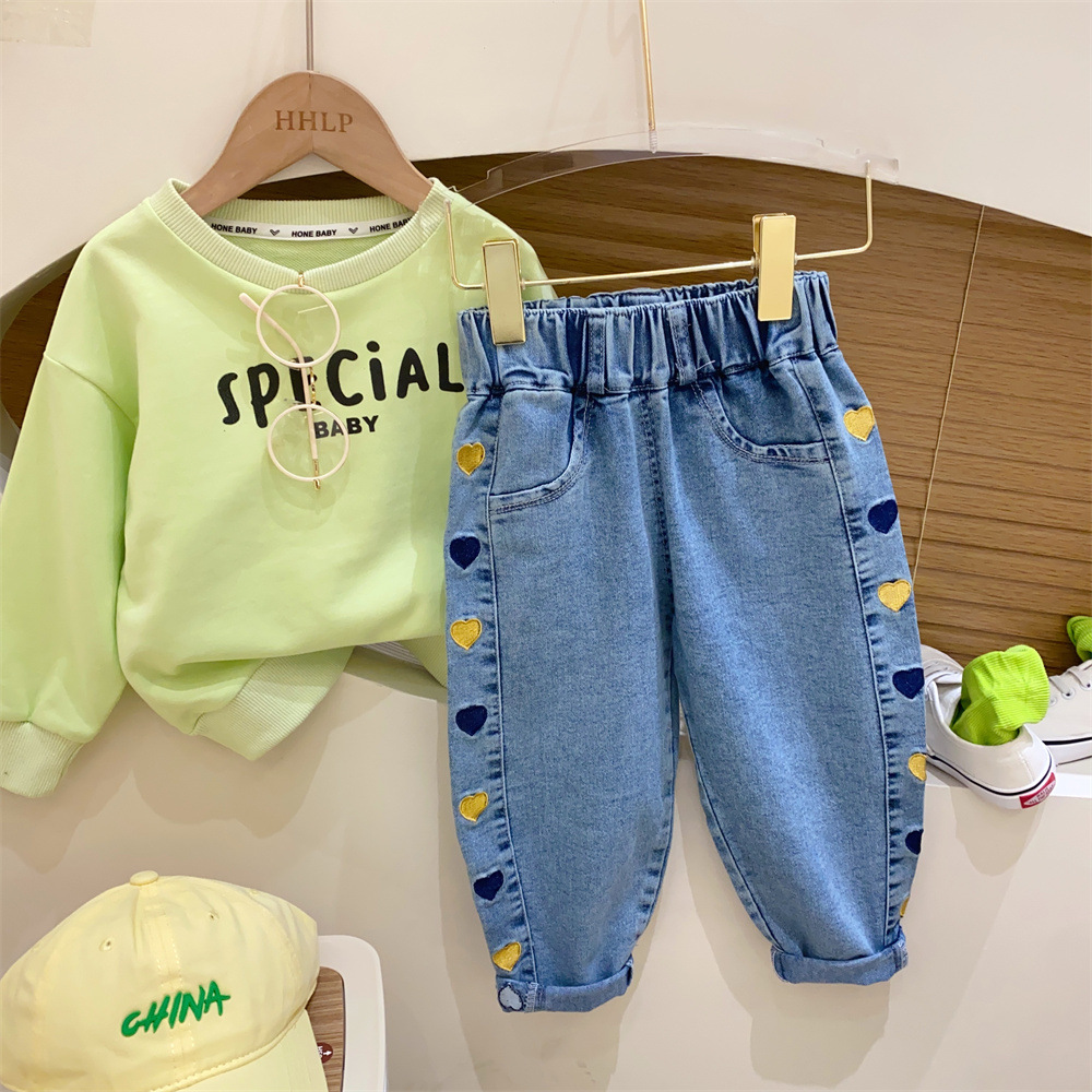 Kids Flower Cherry Heart Pattern Denim Pants