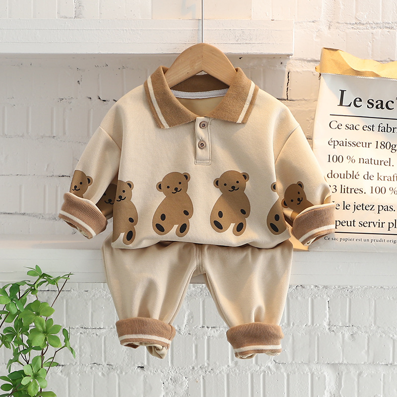 Kids Collared Cartoon Bear Sweatshirt 2-Piece Set