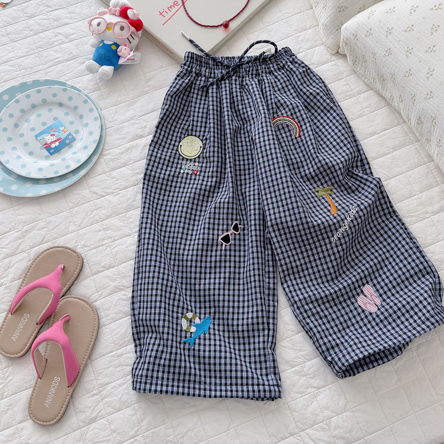 Kids Checkered Beach Style Embroidery Pattern Pants