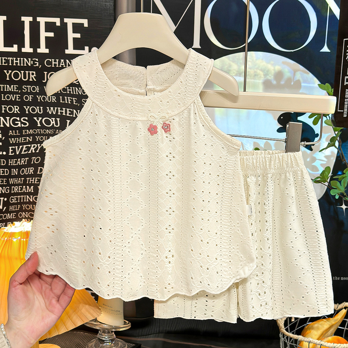 Kids Hollow Out Bow Vest Lace Top and Shorts Set
