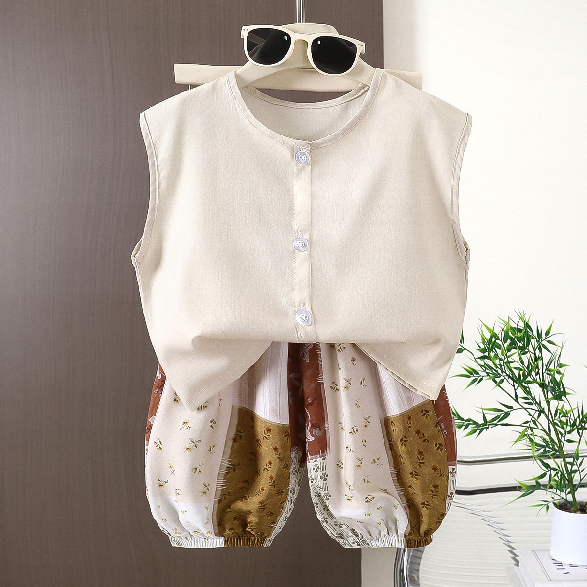 Kids Cotton Vest Top and Polka Dot and Floral Stripe Patterns Pants Set