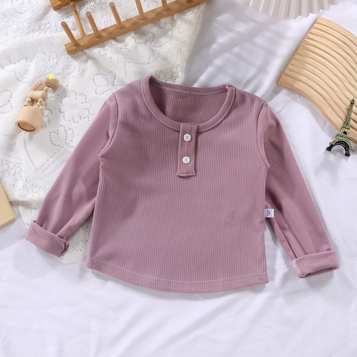 Kids Solid Color Ribbed Crew Neck Base Layer T-shirt