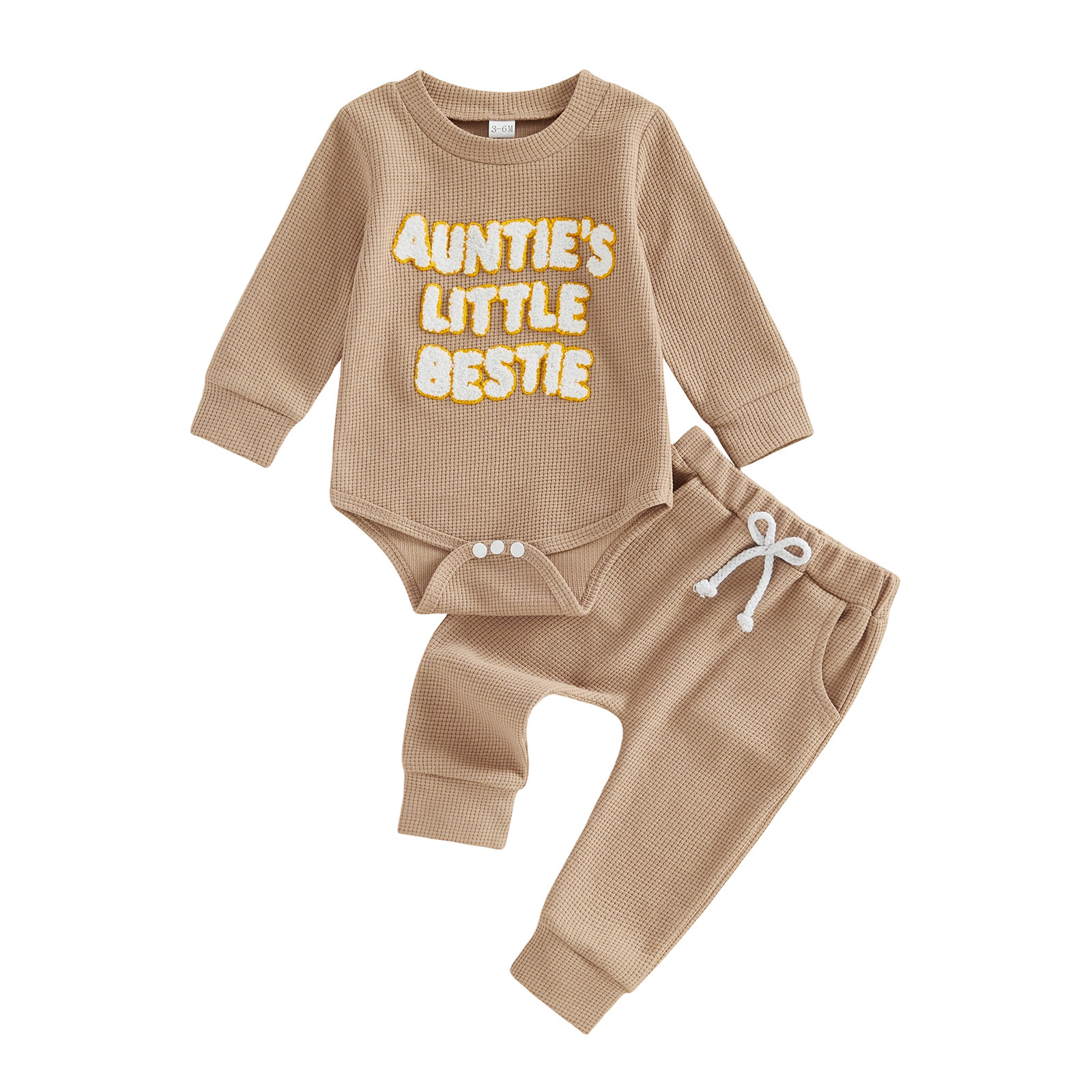 AUNTIE'S LITTLE BESTIE Baby Waffle Embroidery Bodysuit Pants Set
