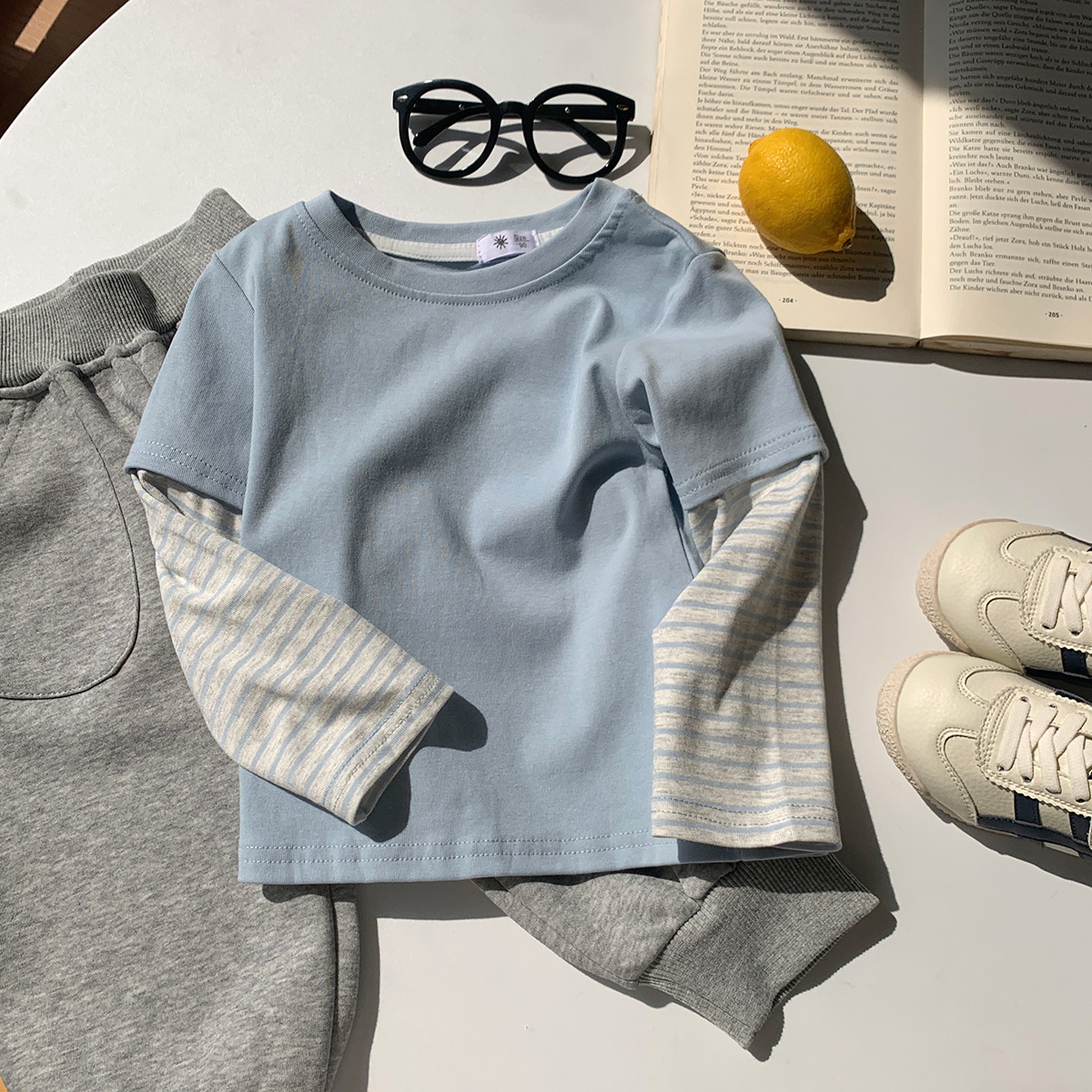 Kids Striped Sleeves Faux Two-Piece T-shirt