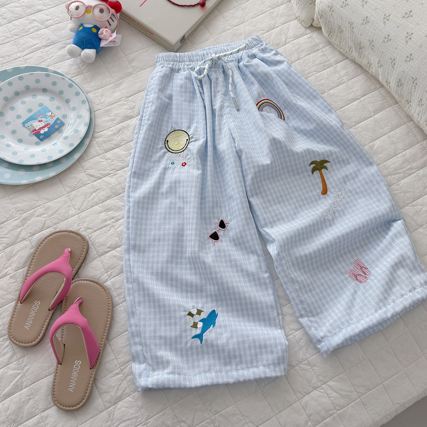 Kids Checkered Beach Style Embroidery Pattern Pants
