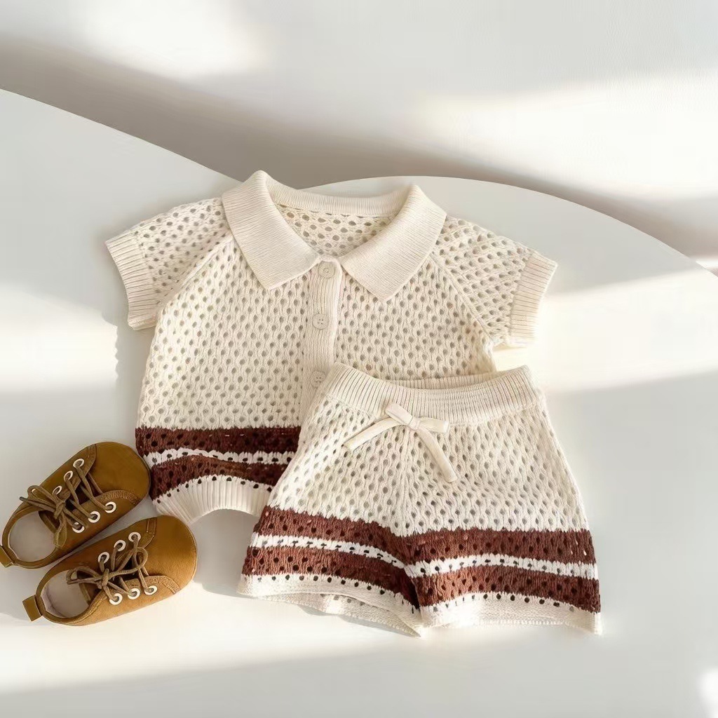 2-Piece Knit Color-Blocked Openwork Shorts Set