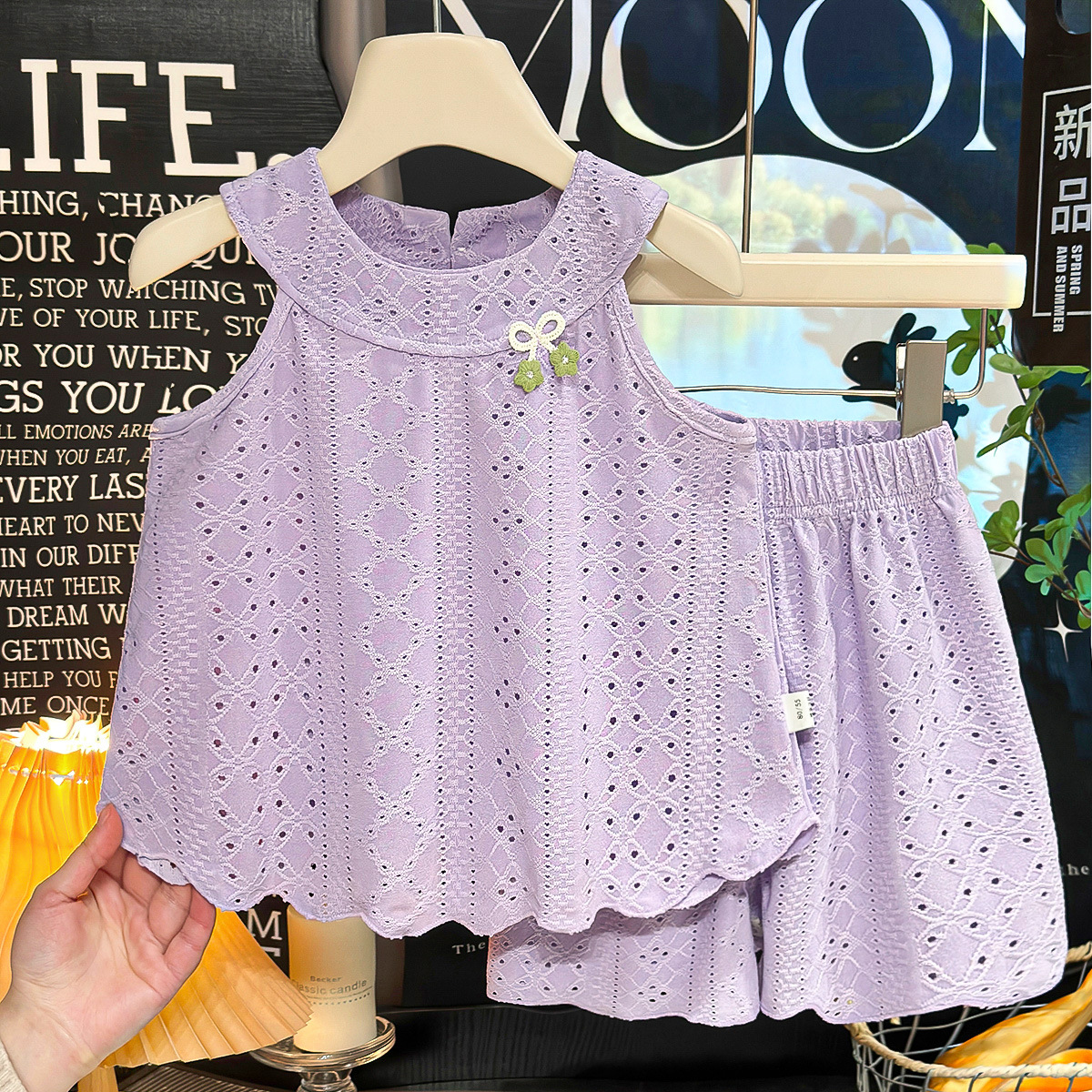 Kids Hollow Out Bow Vest Lace Top and Shorts Set