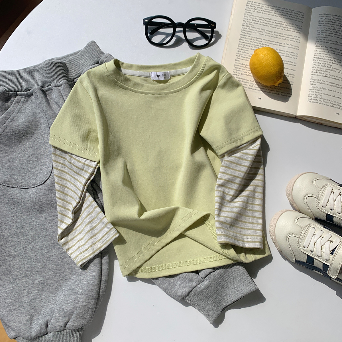 Kids Striped Sleeves Faux Two-Piece T-shirt