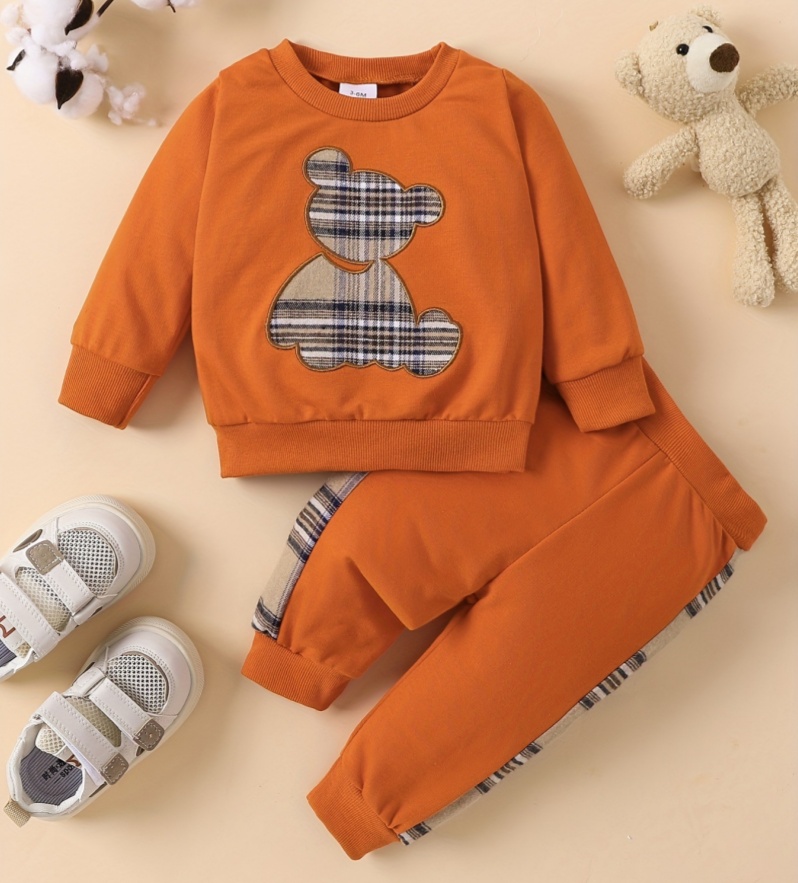 2-Piece Plaid Bear Baby Newborn Sweatshirt Set