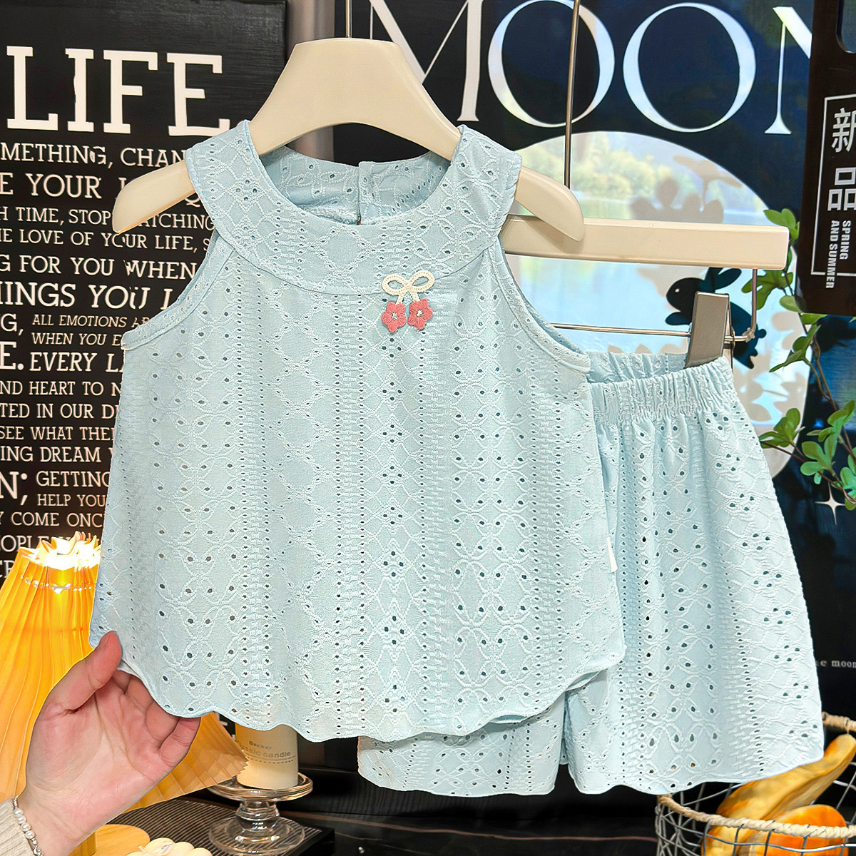 Kids Hollow Out Bow Vest Lace Top and Shorts Set