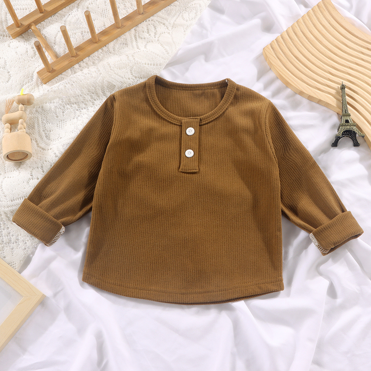 Kids Solid Color Ribbed Crew Neck Base Layer T-shirt