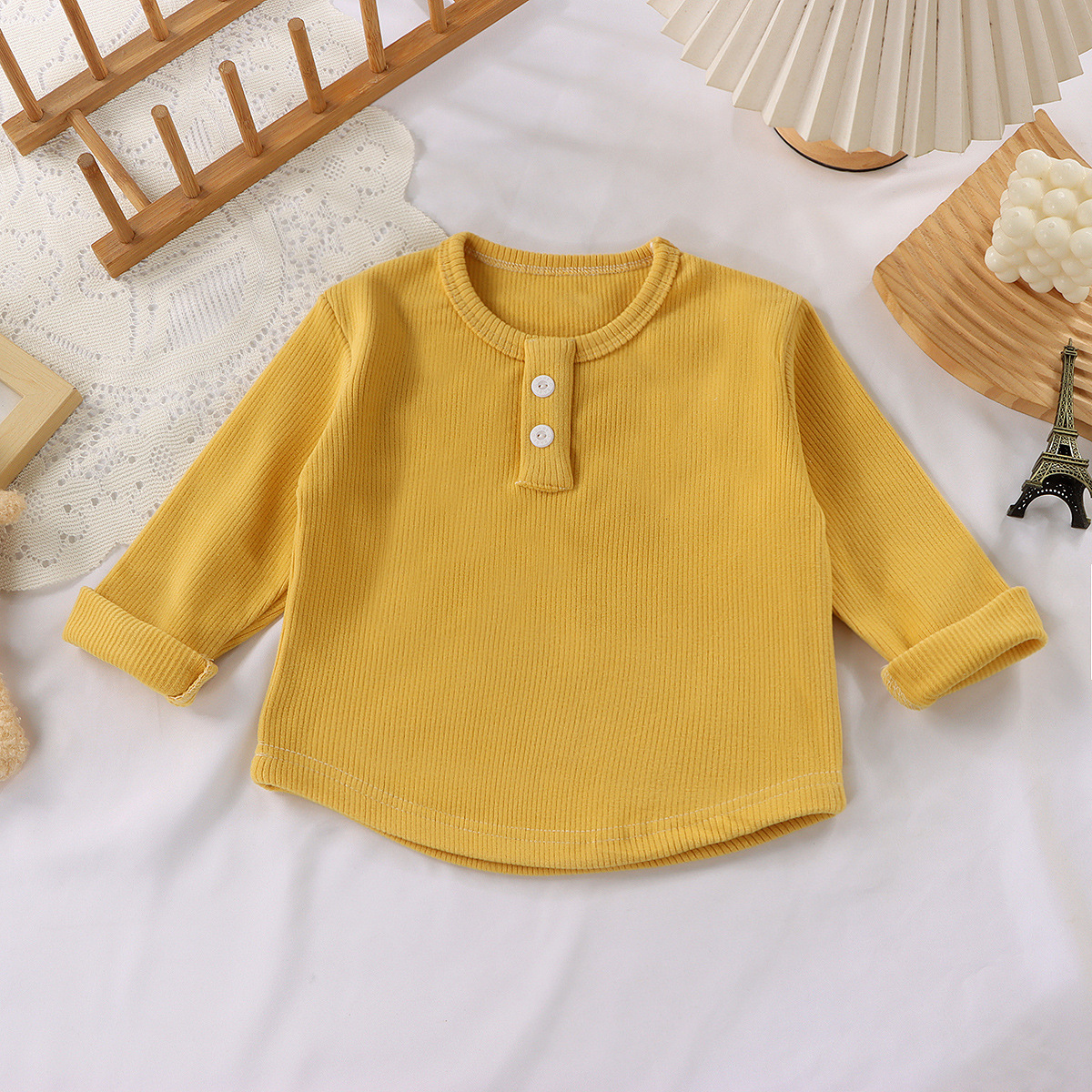 Kids Solid Color Ribbed Crew Neck Base Layer T-shirt