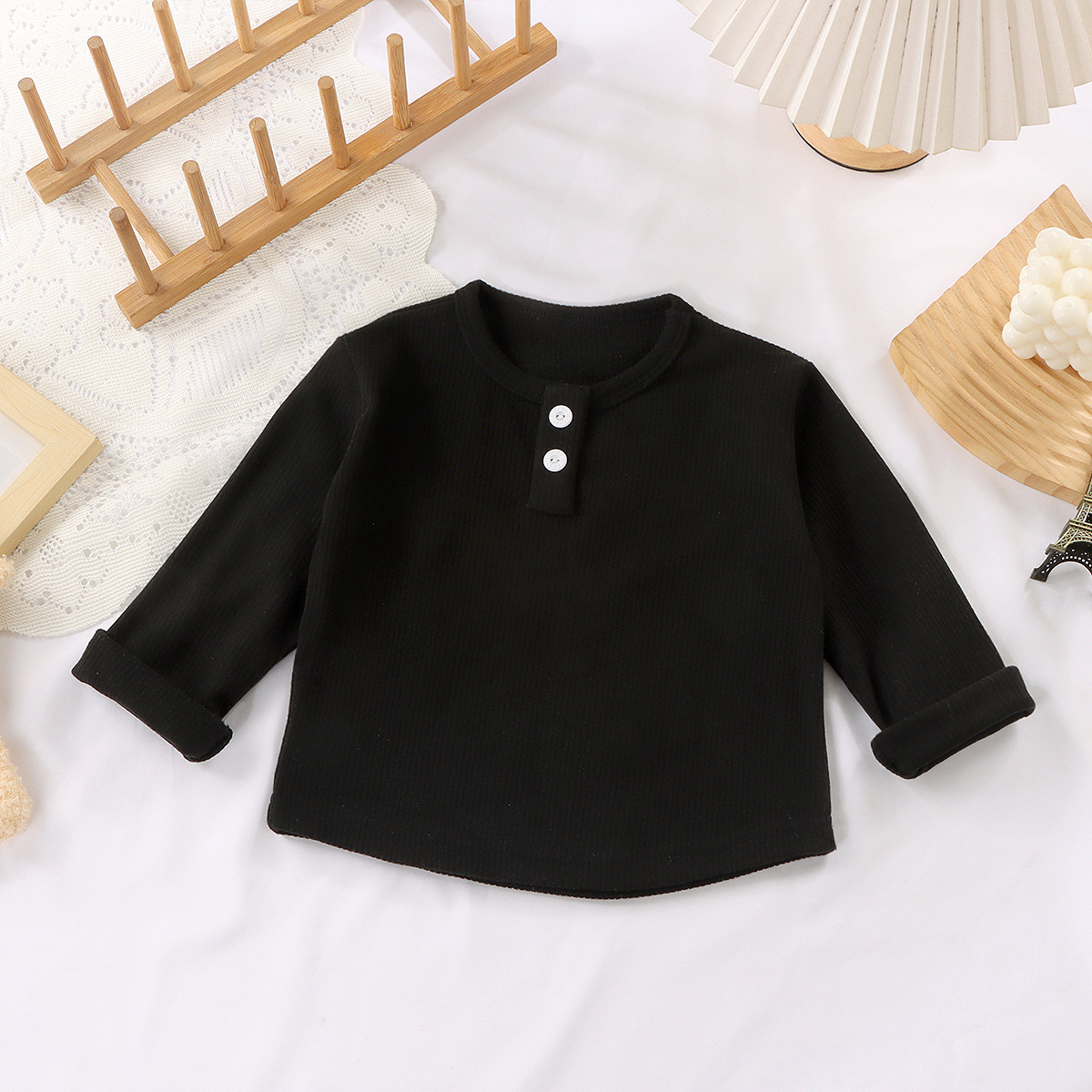 Kids Solid Color Ribbed Crew Neck Base Layer T-shirt