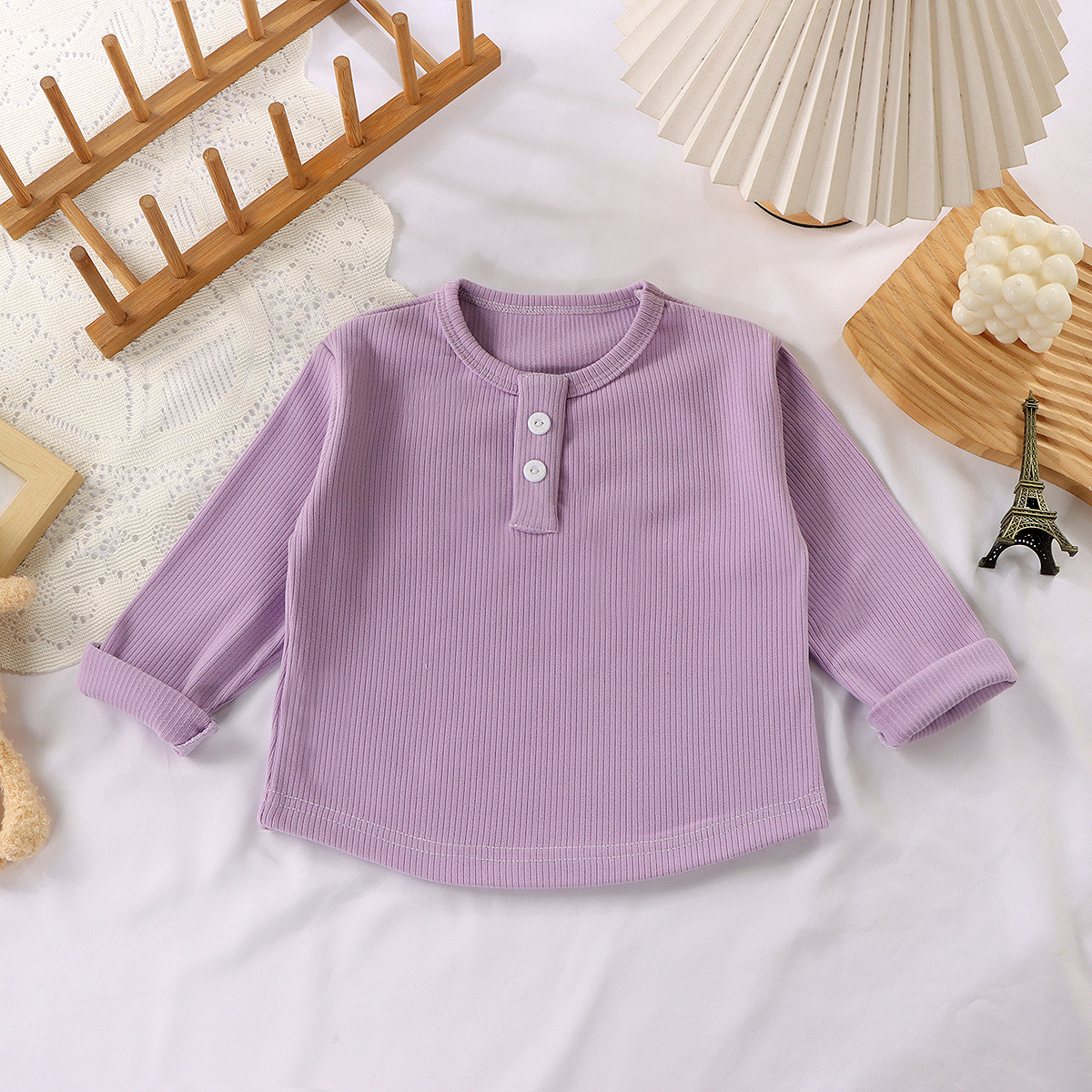 Kids Solid Color Ribbed Crew Neck Base Layer T-shirt