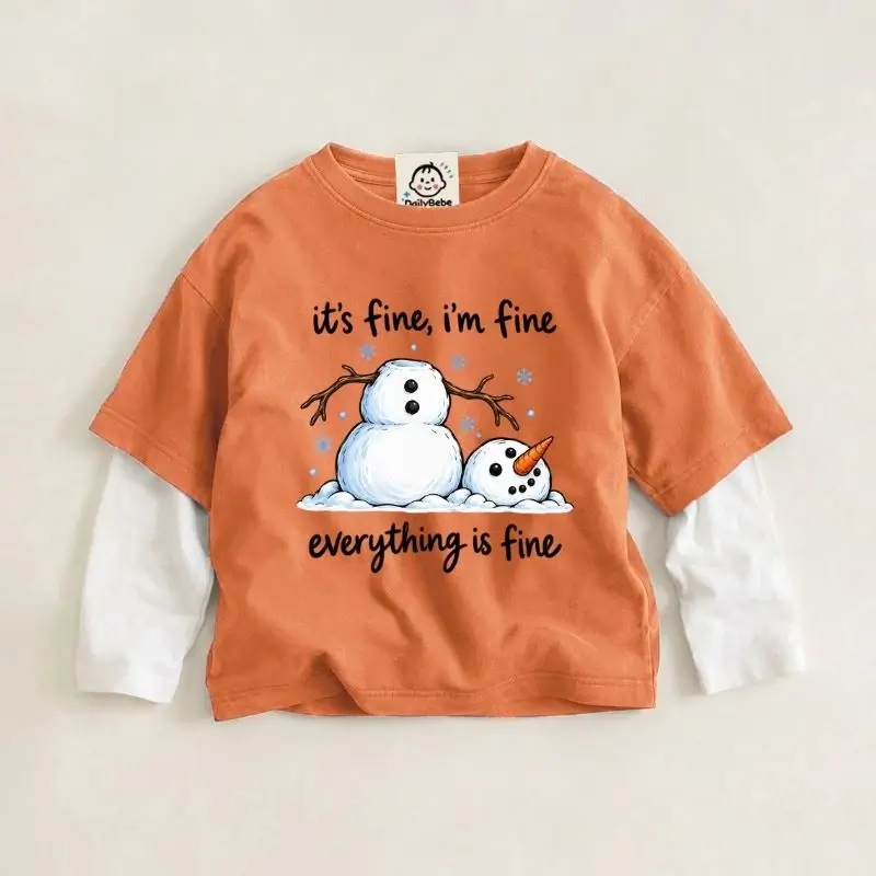 “It's Fine” Baby and Kids' Christmas Snowman Print Two-Piece-Style T-Shirt