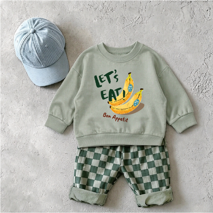 Banana Print Baby & Kids Sweatshirt and Checkerboard Pants Set