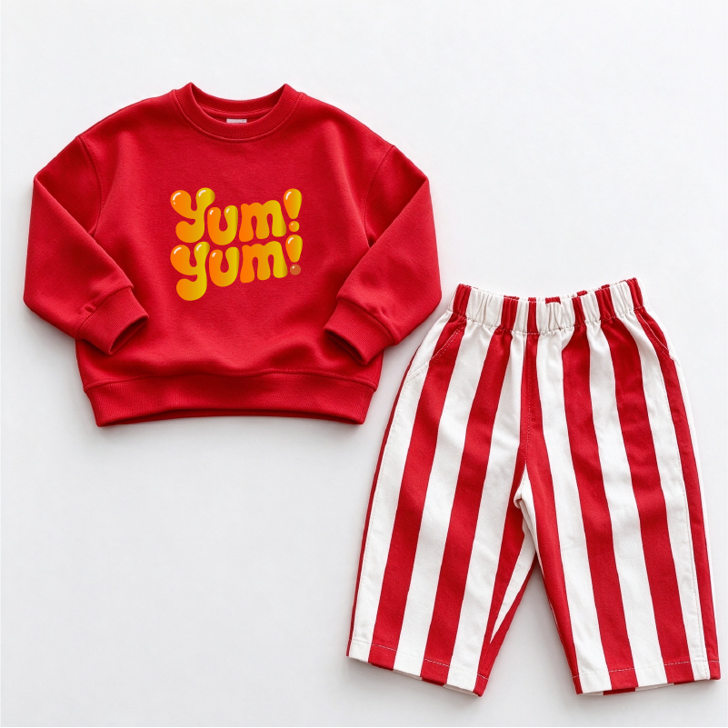 Yum Yum Baby letter Print Sweatshirt & Red White Striped 2-Piece Set