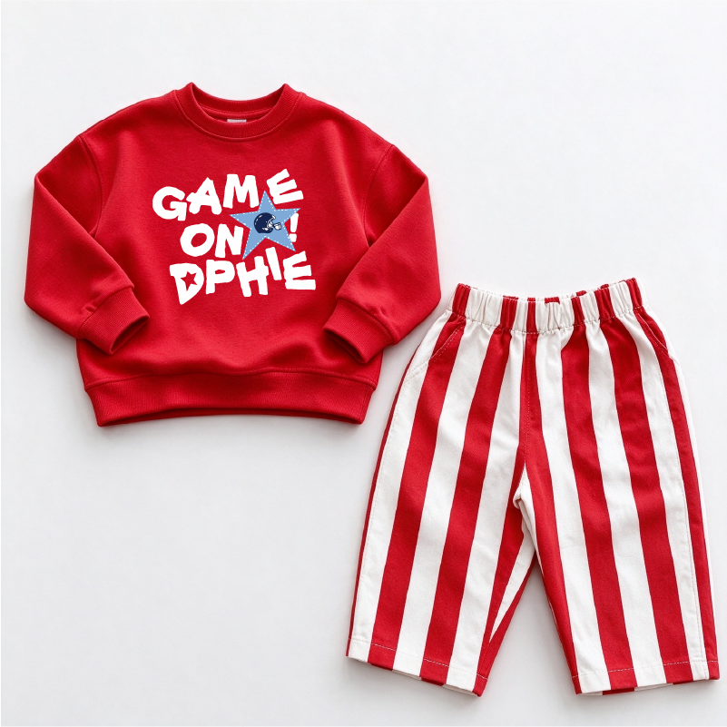 GAME ON Baby Football Print Sweatshirt & Red White Striped 2-Piece Set