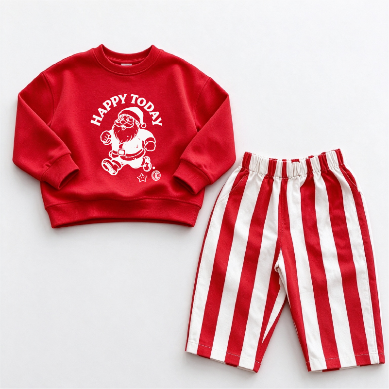 Toddler Baby Santa Print Sweatshirt & Red White Striped 2-Piece Set