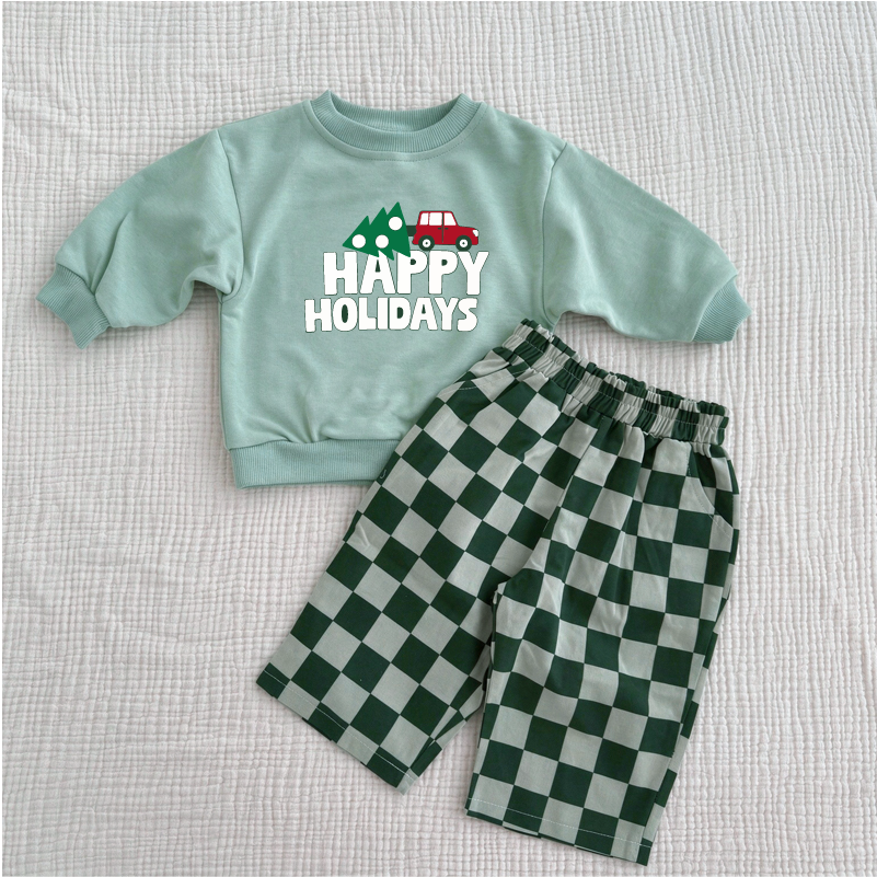 Happy Holidays Car Tree Baby Sweatshirt and Checkerboard Pants Set