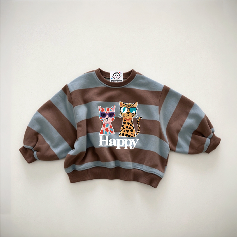Baby & Kids Cute Two Cat Print Striped Sweatshirt