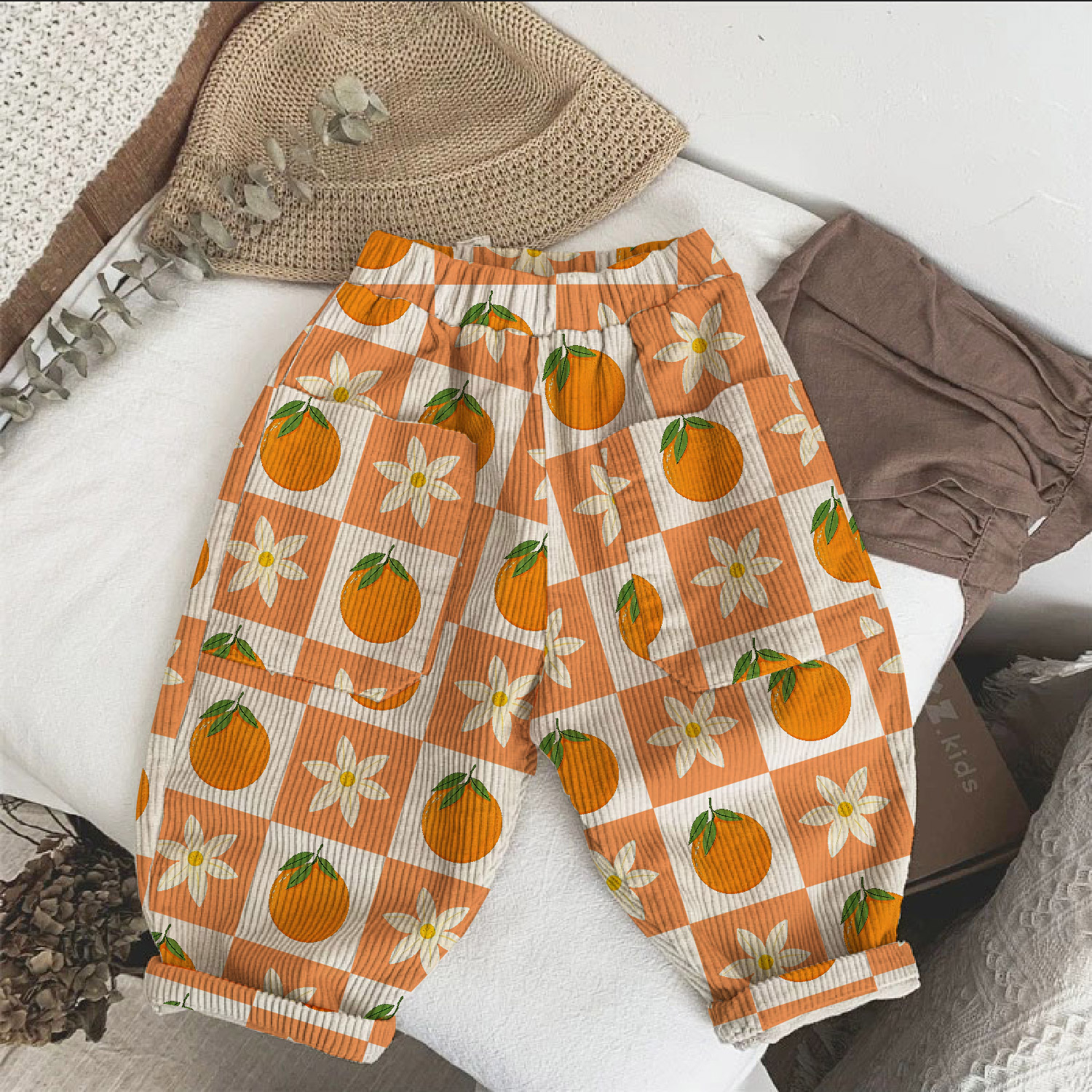 Baby & Kids Plaid Orange Flower Corduroy Pants