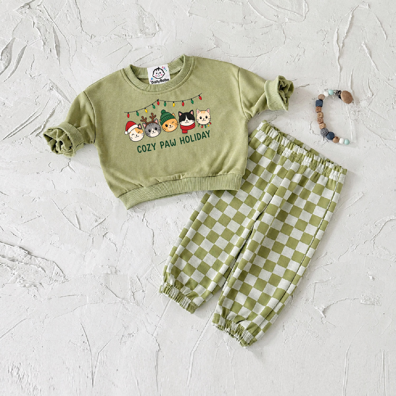 DailyBebe COZY PAW HOLIDAY Baby Christmas Cat Checkerboard 2-Piece Set
